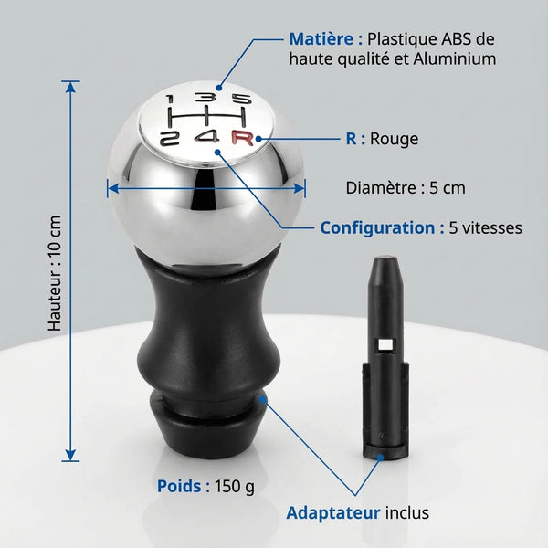 Pommeau de vitesse 206 - 5 vitesses - Chrome & R rouge - vue détaillée