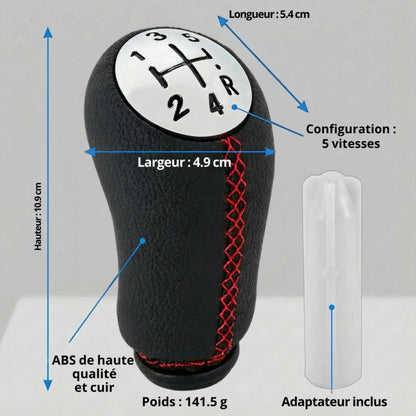 Pommeau de vitesse clio 3 - 5 vitesses - Couture rouge - vue détaillée