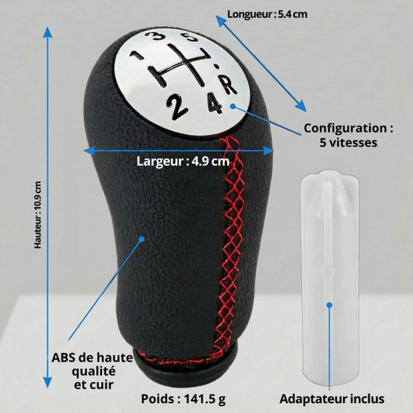 Pommeau de vitesse clio 3 - 5 vitesses - Couture rouge - vue détaillée