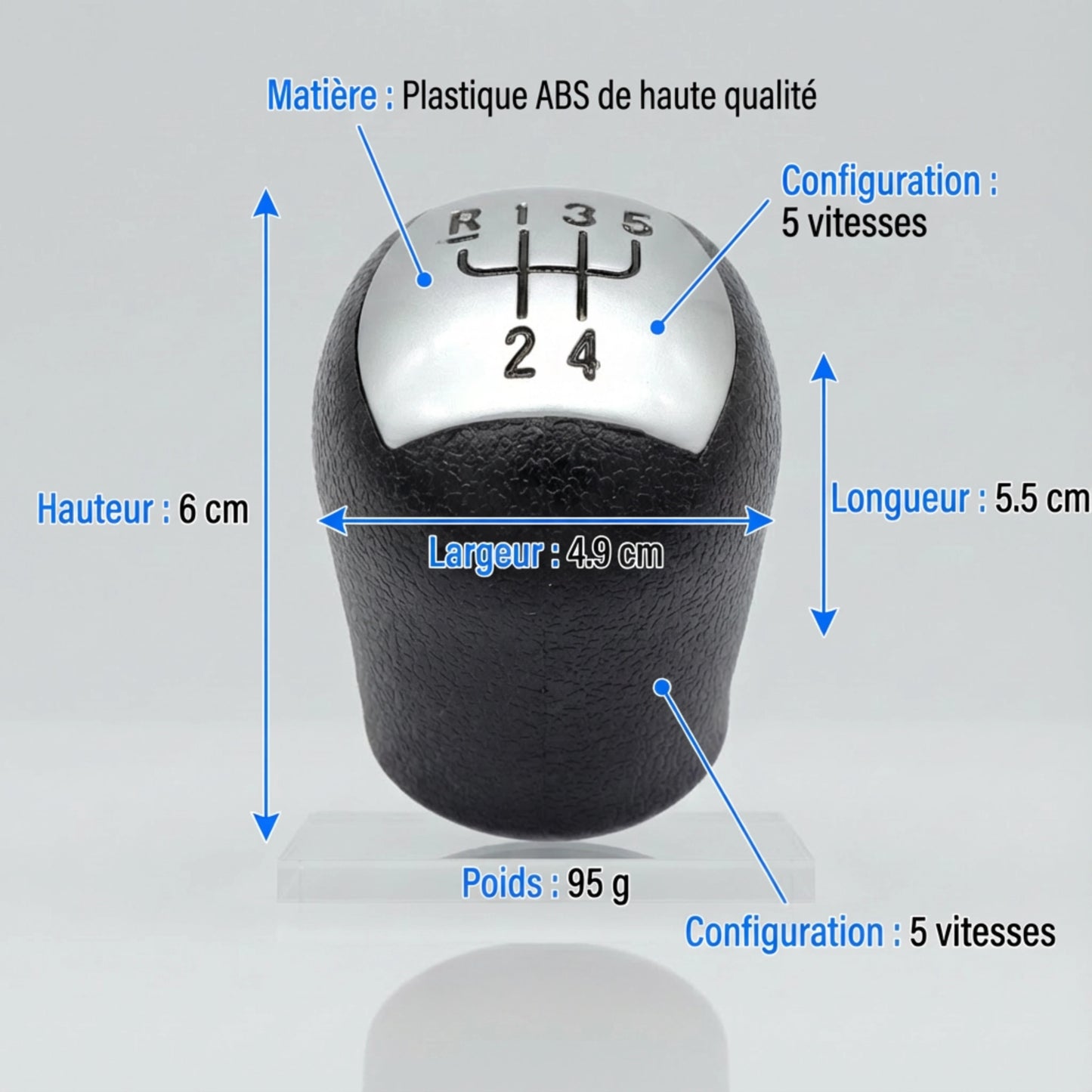 Pommeau de vitesse clio 2 - 5 vitesses - Noir & Mat - vue détaillée