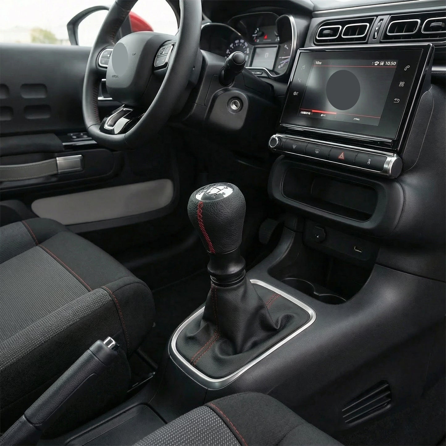 Pommeau de vitesse c3 - 5 vitesses - Noir & Couture rouge - en situation