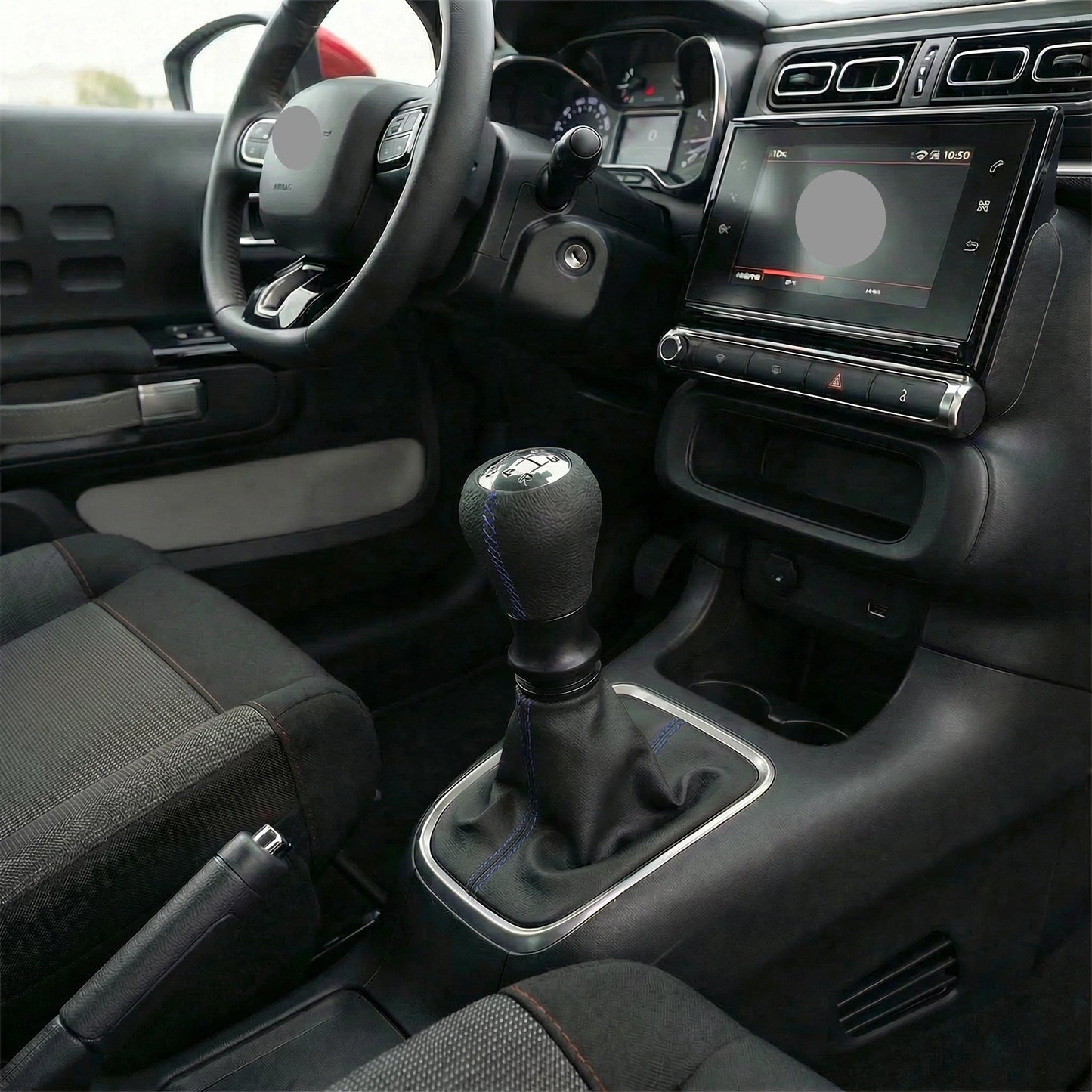 Pommeau de vitesse c3 - 5 vitesses - Noir & Couture bleu - en situation