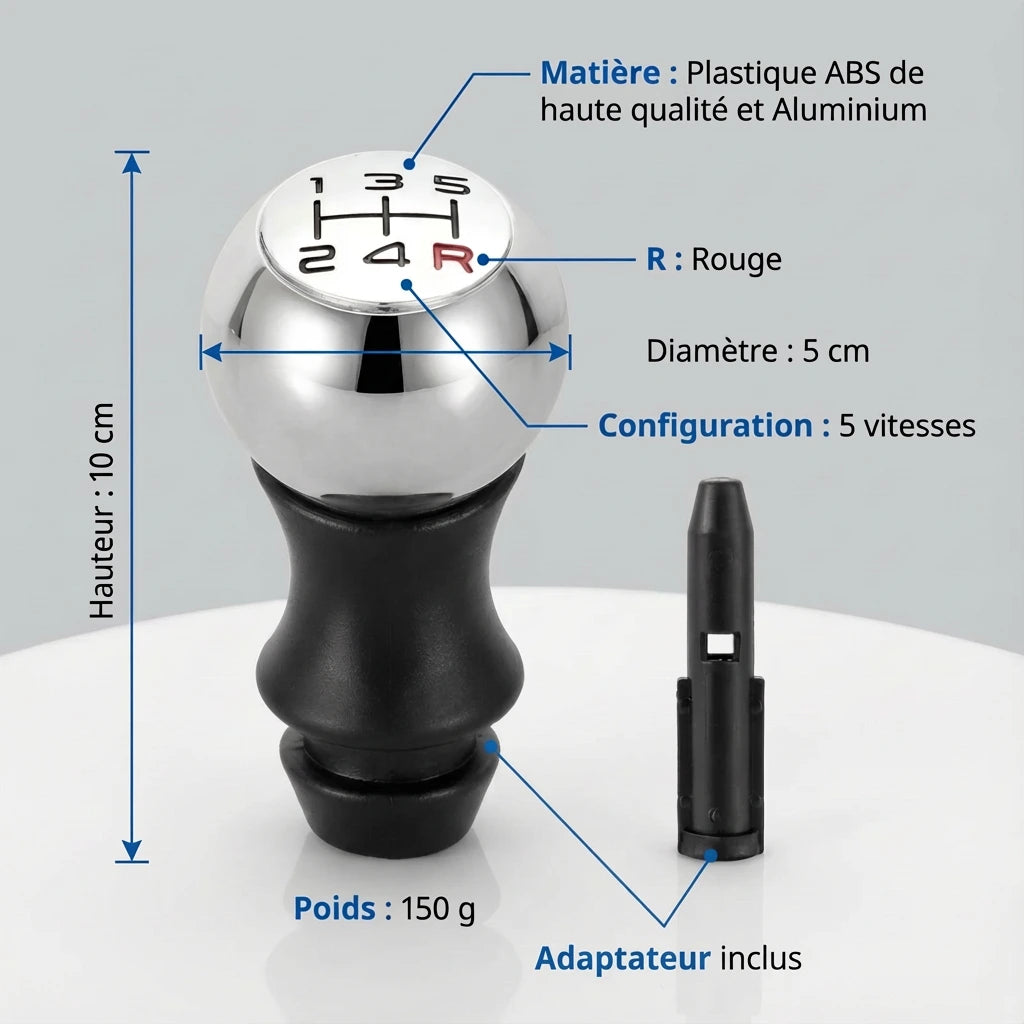 Pommeau de vitesse 206 - 5 vitesses - Chrome & R rouge - vue détaillée