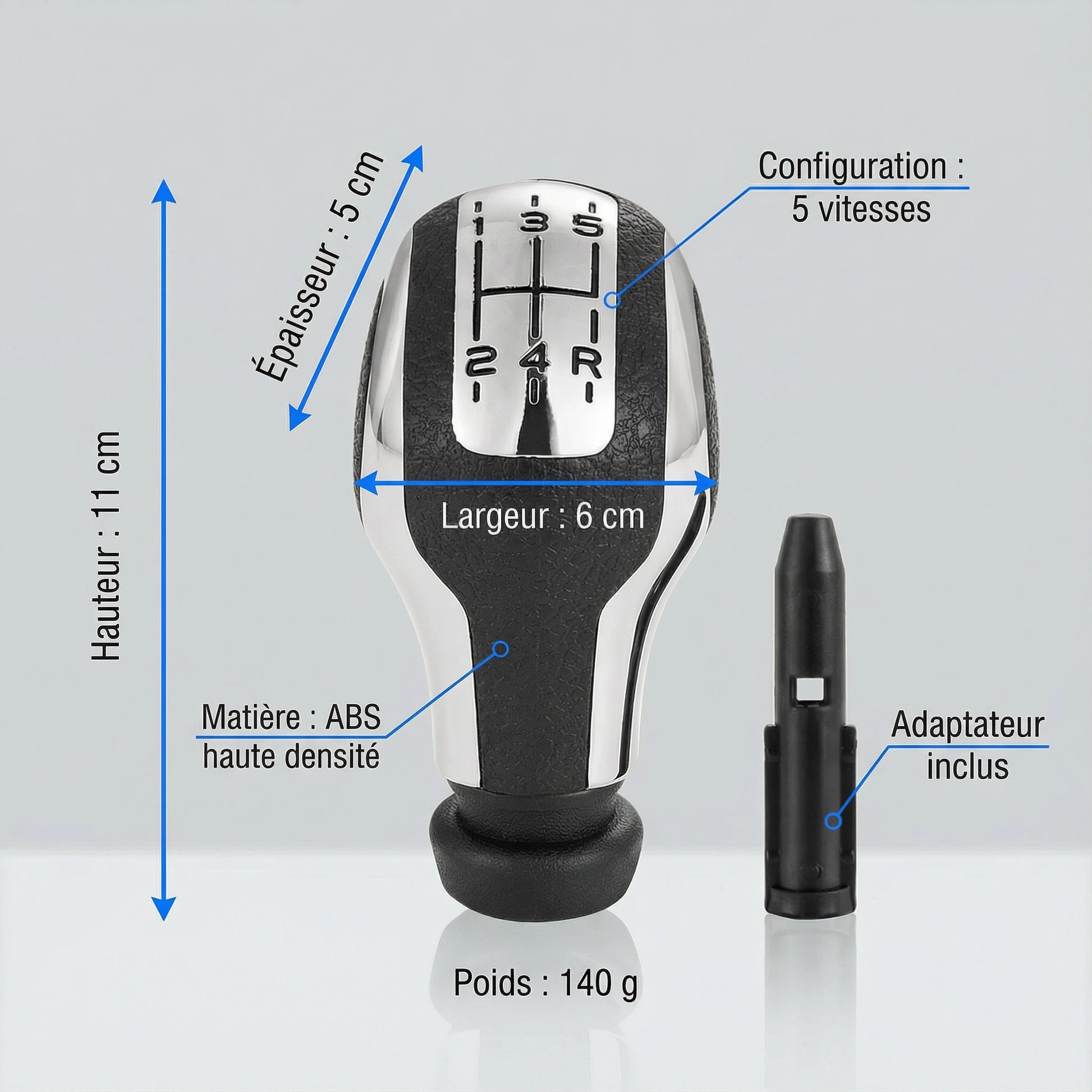 Pommeau de vitesse 307 - 5 vitesses - Noir & Chrome - vue détaillée