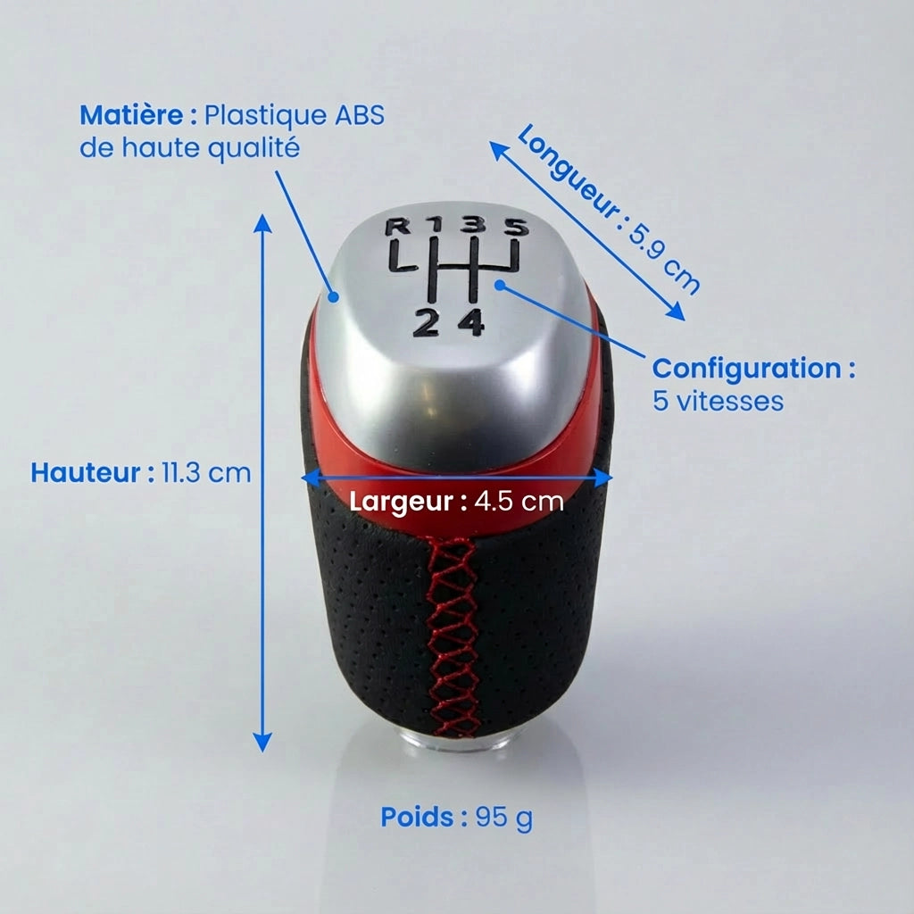 Pommeau de vitesse clio 4 - 5 vitesses - Couture rouge - vue détaillée