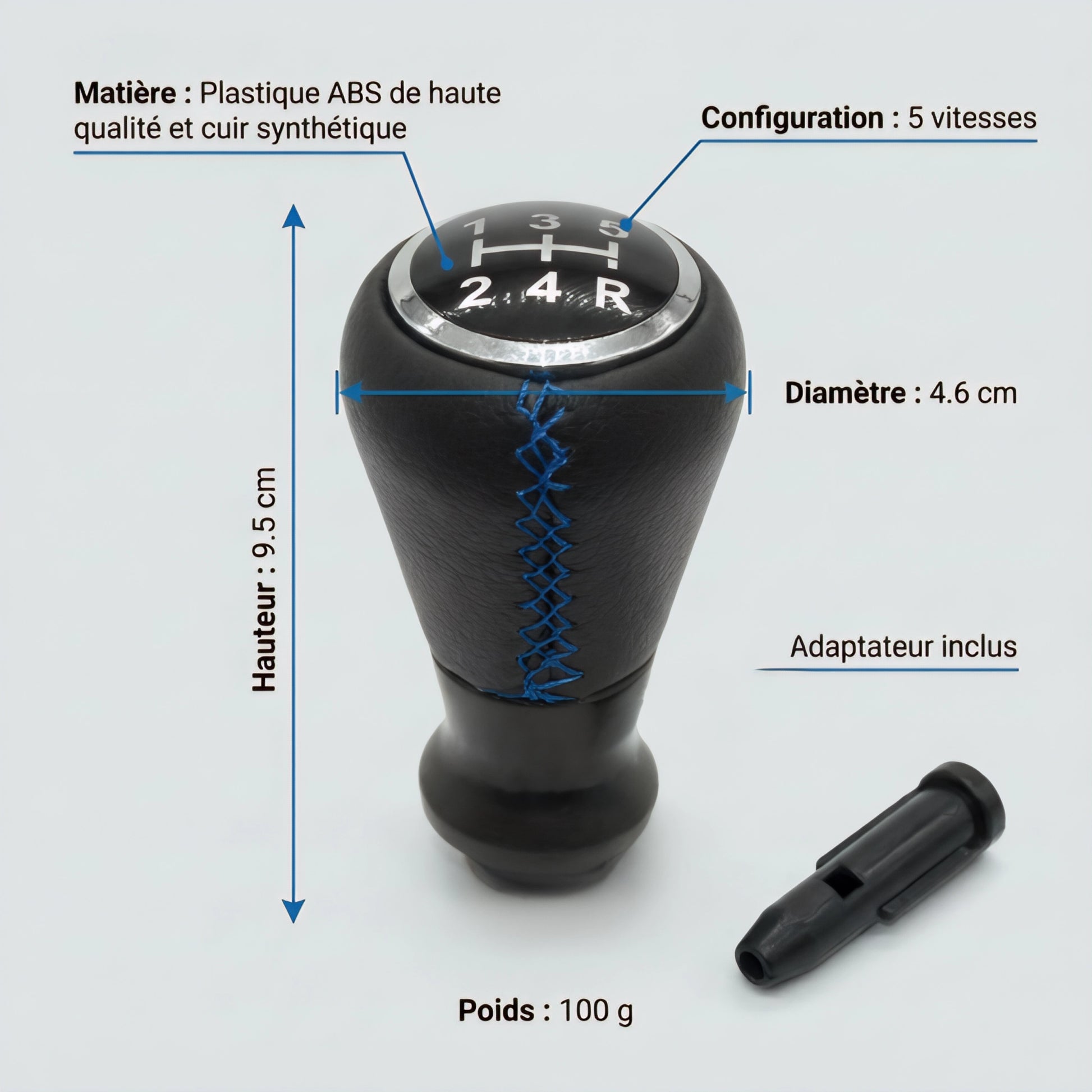 Pommeau de vitesse c3 - 5 vitesses - Noir & Couture bleu - vue détaillée
