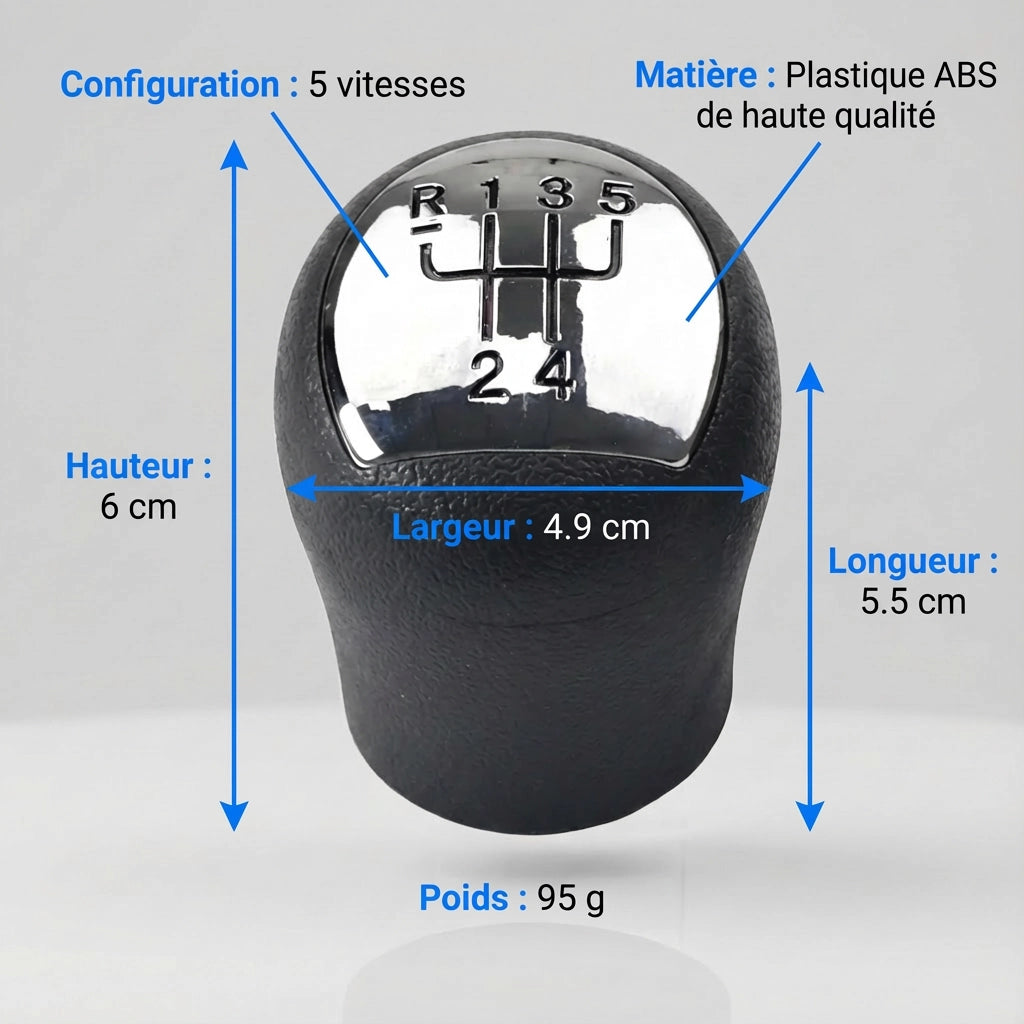 Pommeau de vitesse clio 2 - 5 vitesses - Noir & chrome - vue détaillée